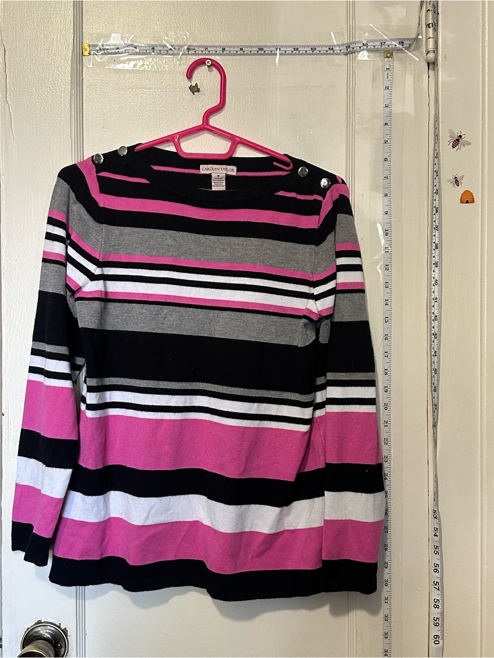 Carolyn Taylor Black Gray White and Pink Striped Button-Shoulder Knit Top